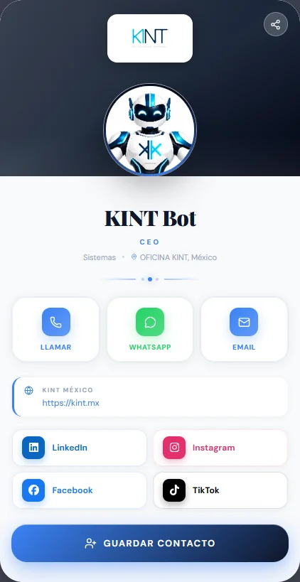 VCard digital de un empleado con foto, puesto, botones de llamar, WhatsApp y correo, redes sociales y botón para guardar contacto