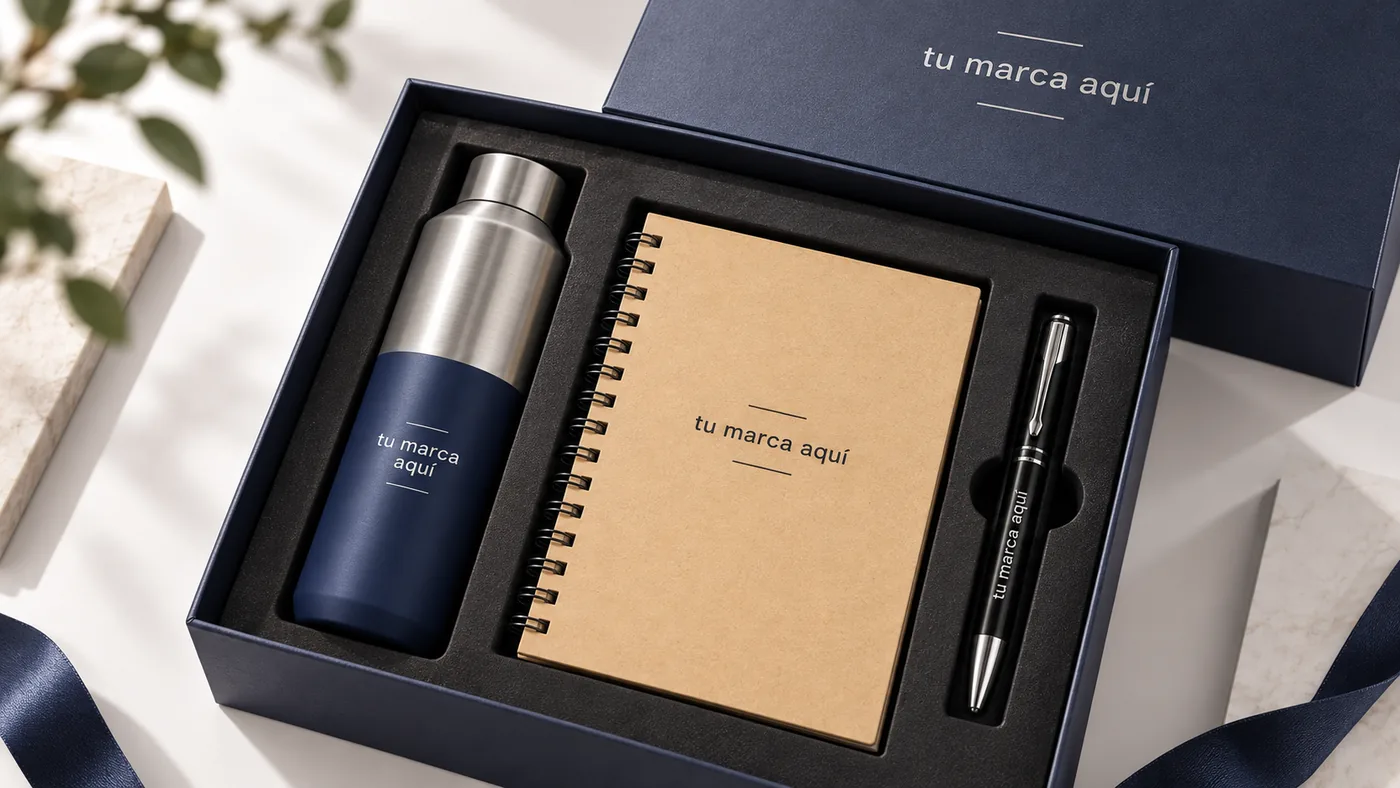 Kit básico de bienvenida en caja con termo, libreta y pluma personalizados con la marca de la empresa
