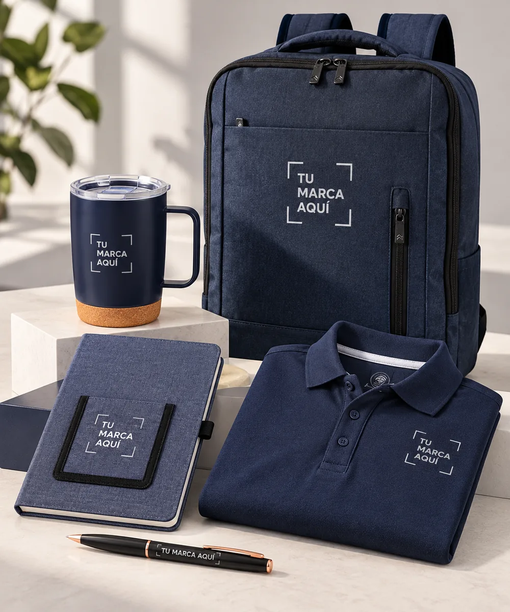 Kit de bienvenida completo con mochila, mug, agenda, pluma y playera polo personalizados con la marca de la empresa