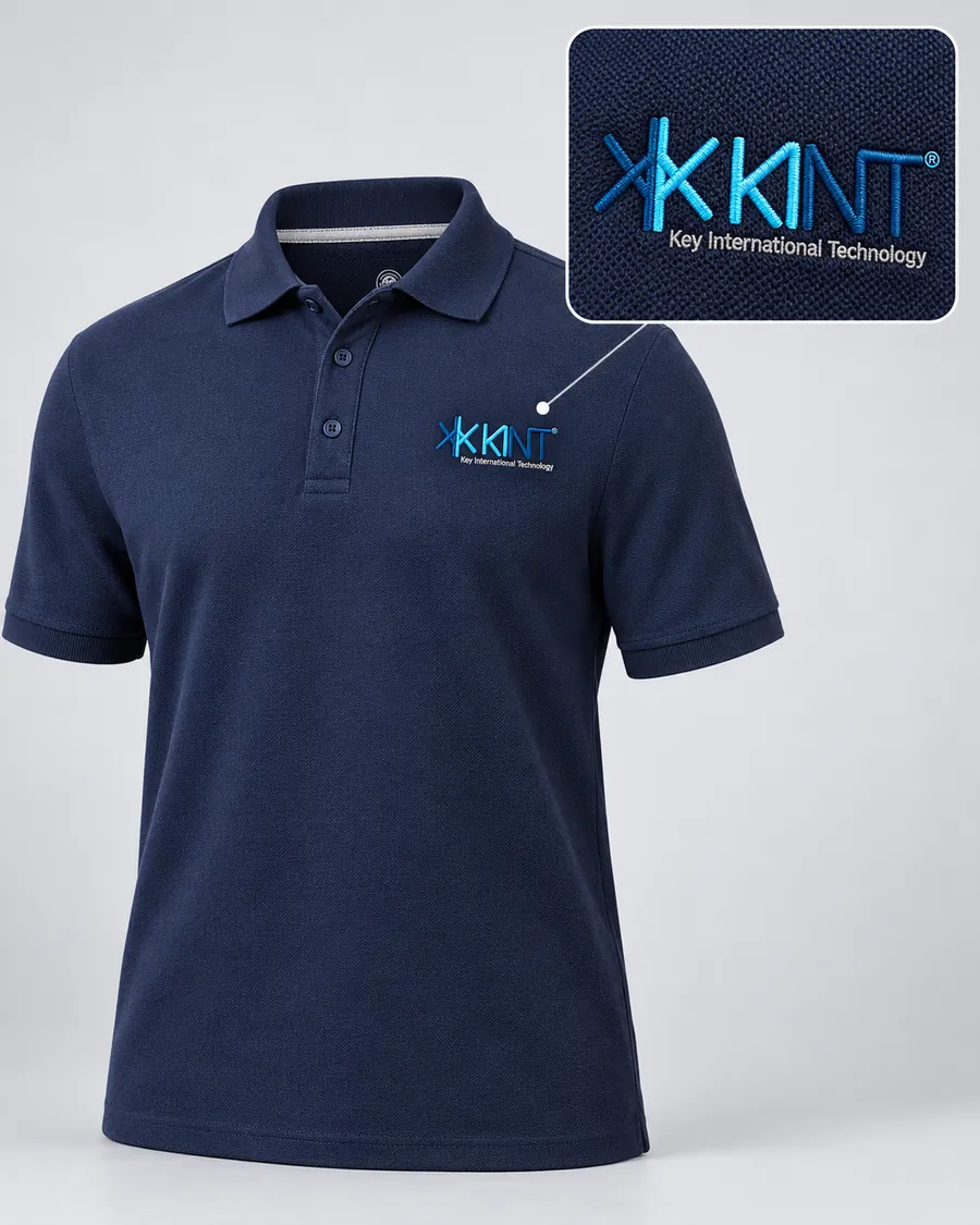 Polo azul marino con logo bordado y acercamiento al bordado